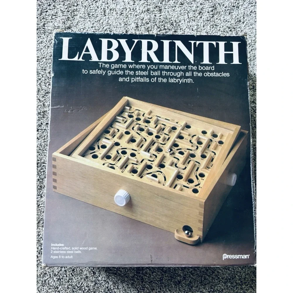 Vintage 1985 Pressman‎ Tournament Labyrinth Wooden Game Box With 2 balls
